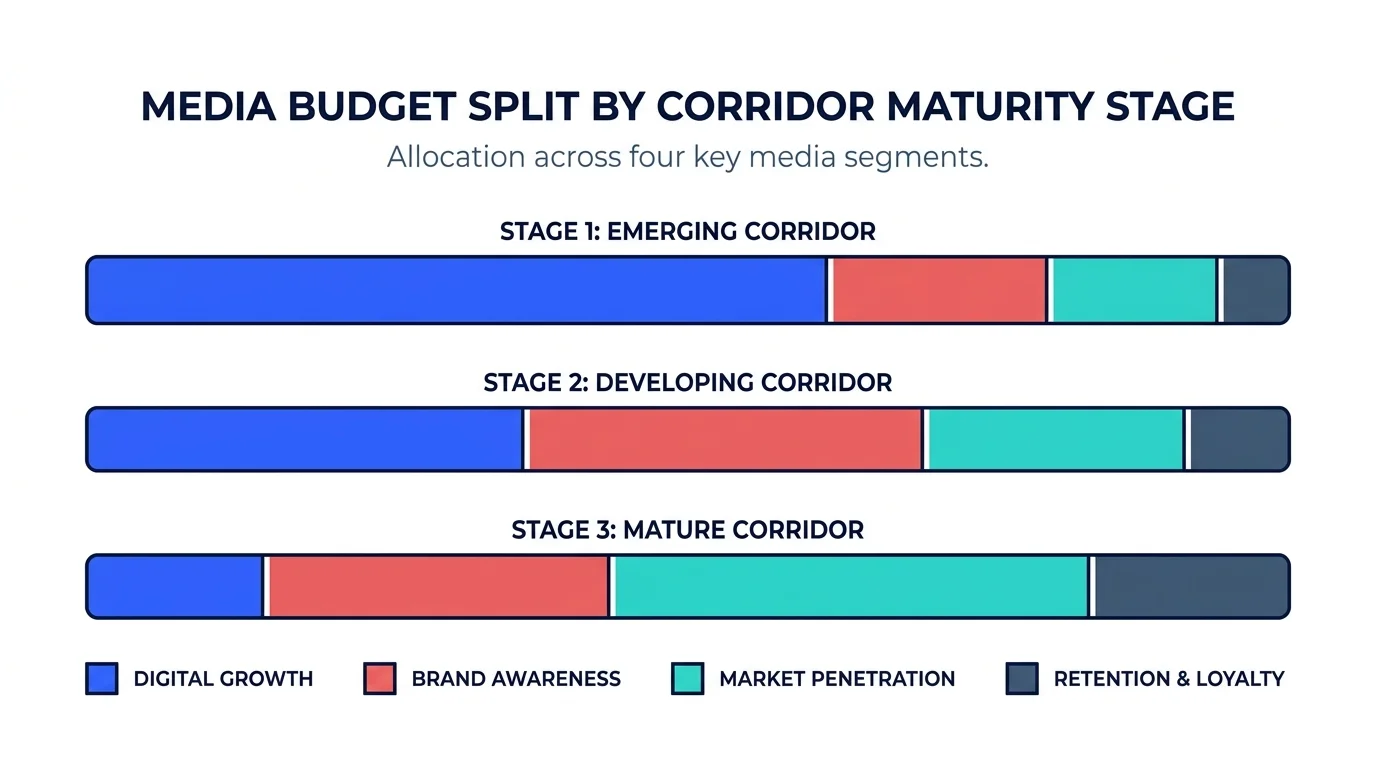 Stacked bars splitting budget across search, social, video and offline