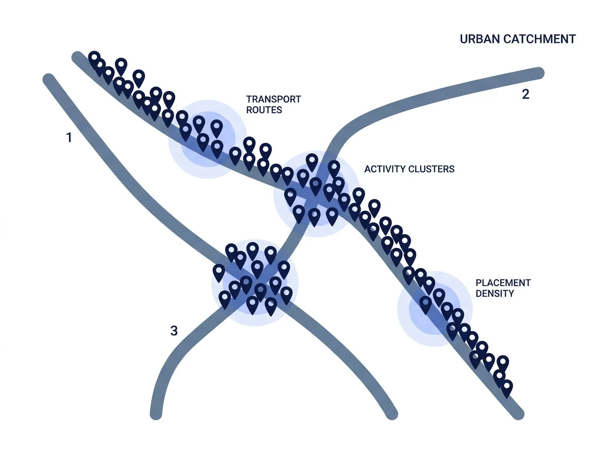 City map showing billboard catchment around diaspora high streets