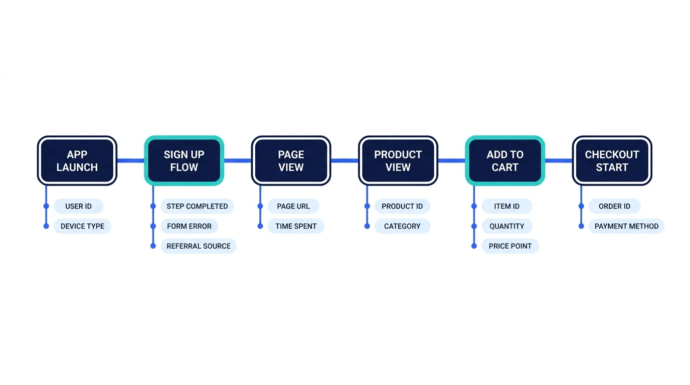 Analytics event schema listing tracked properties and their types