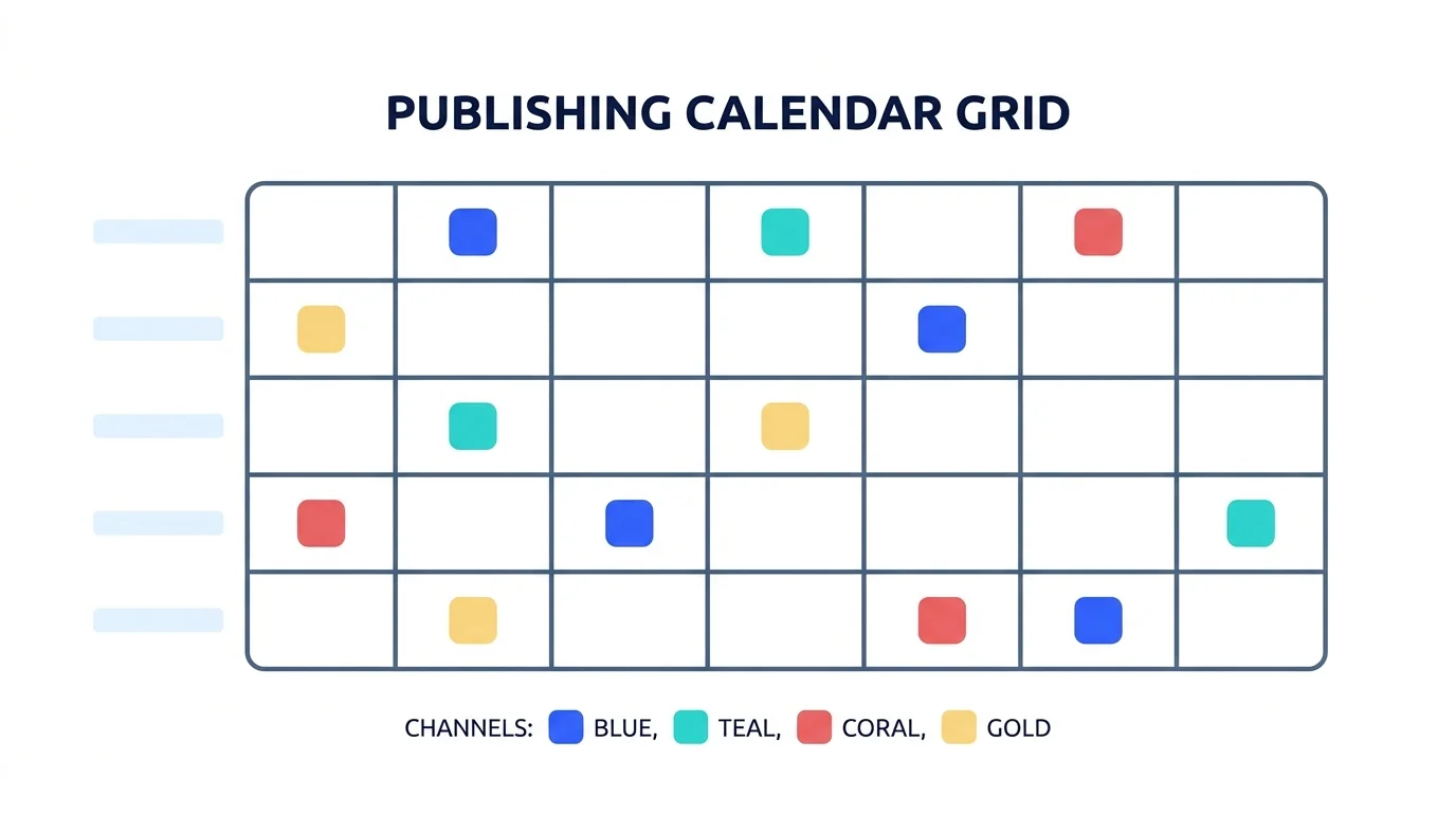 Publishing calendar with scheduled posts across a month
