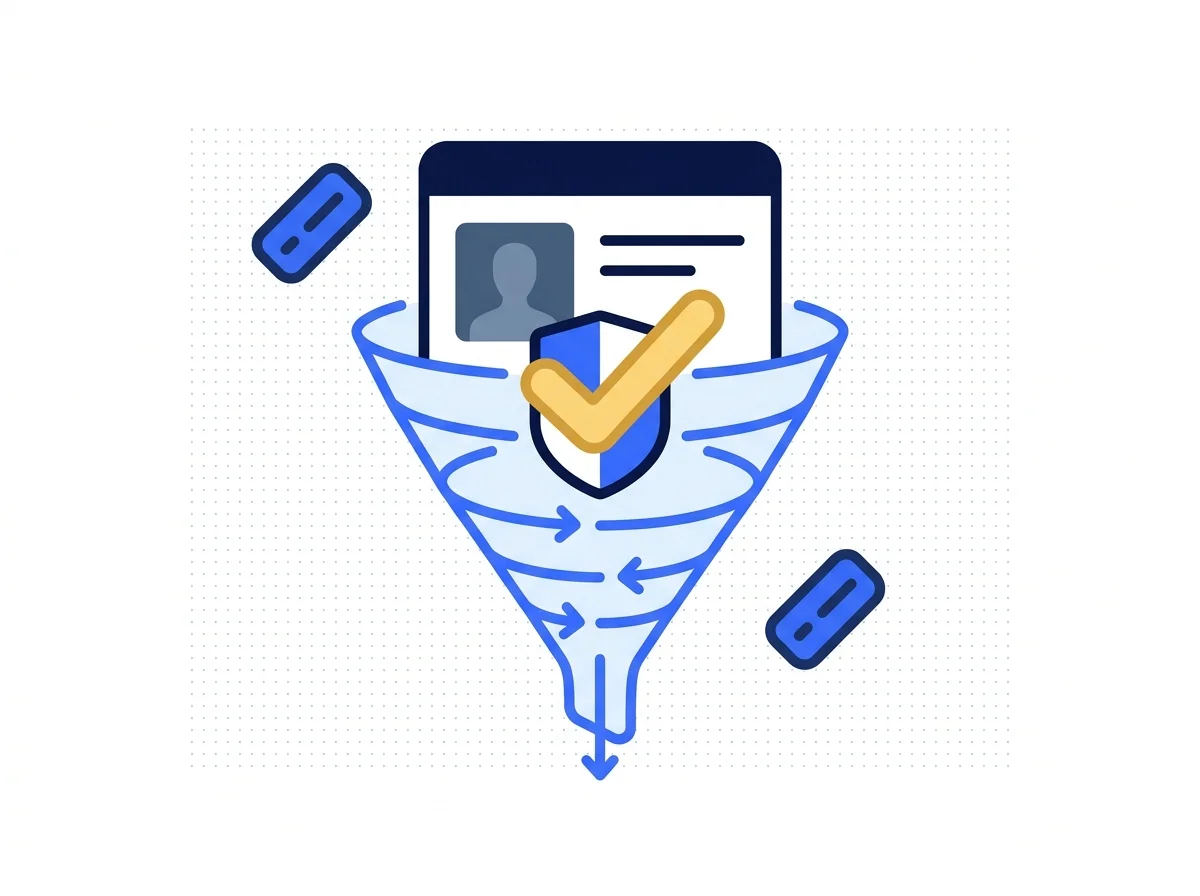 Identity document with verification tick against a narrowing signup funnel