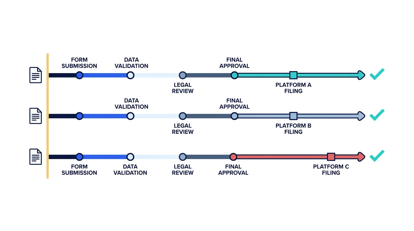 Parallel filing timeline across three platforms, day by day