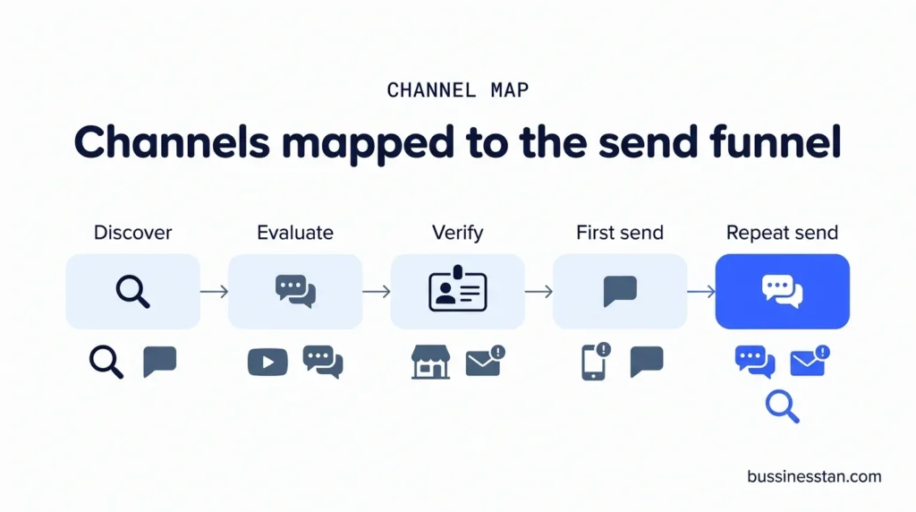 Flow diagram mapping money transfer marketing channels to 5 funnel stages from discover to repeat send