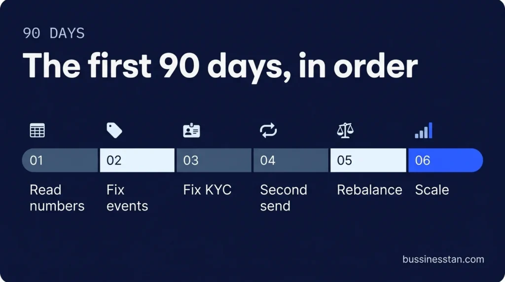 Timeline of a 90-day remittance marketing plan in 6 blocks, with scaling as the final step