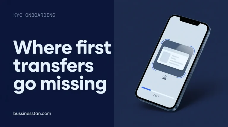 KYC onboarding process in a remittance app: phone showing a document capture screen with a guide frame