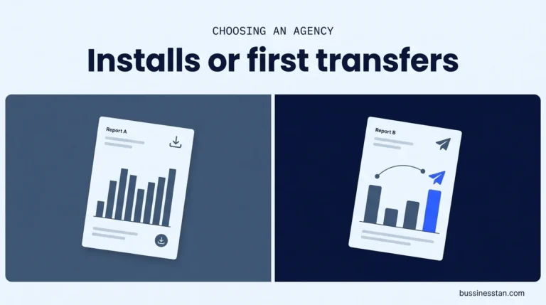 Fintech marketing agency or remittance specialist shown as a split comparison of two marketing reports