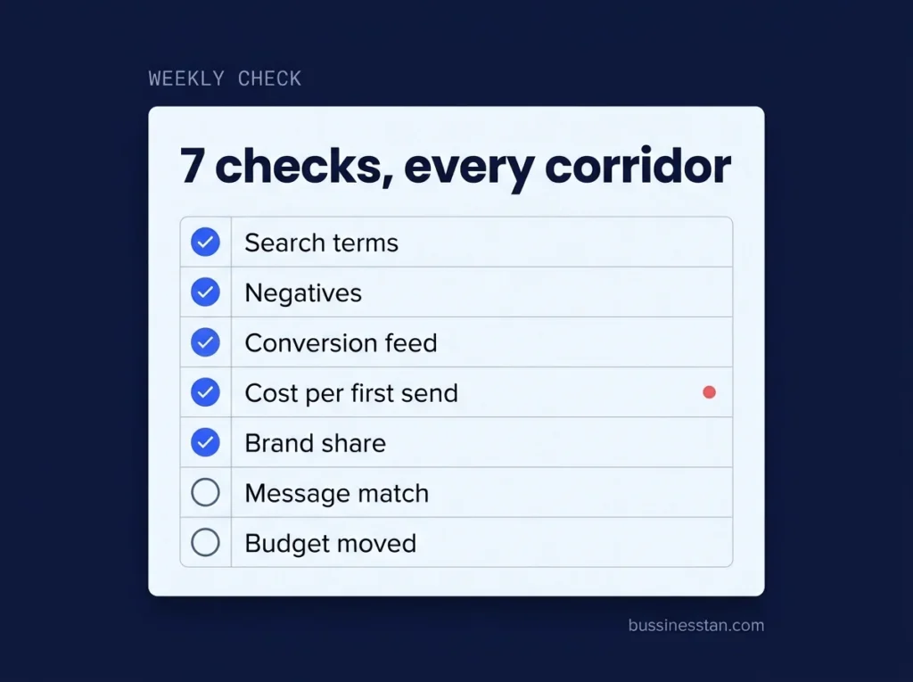 Checklist card listing the 7-point weekly corridor account check for a remittance search account