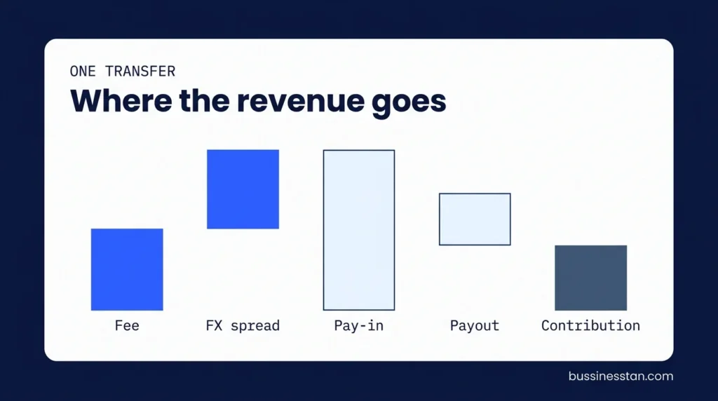 Waterfall chart showing fee and FX spread revenue minus pay-in and payout costs for one transfer