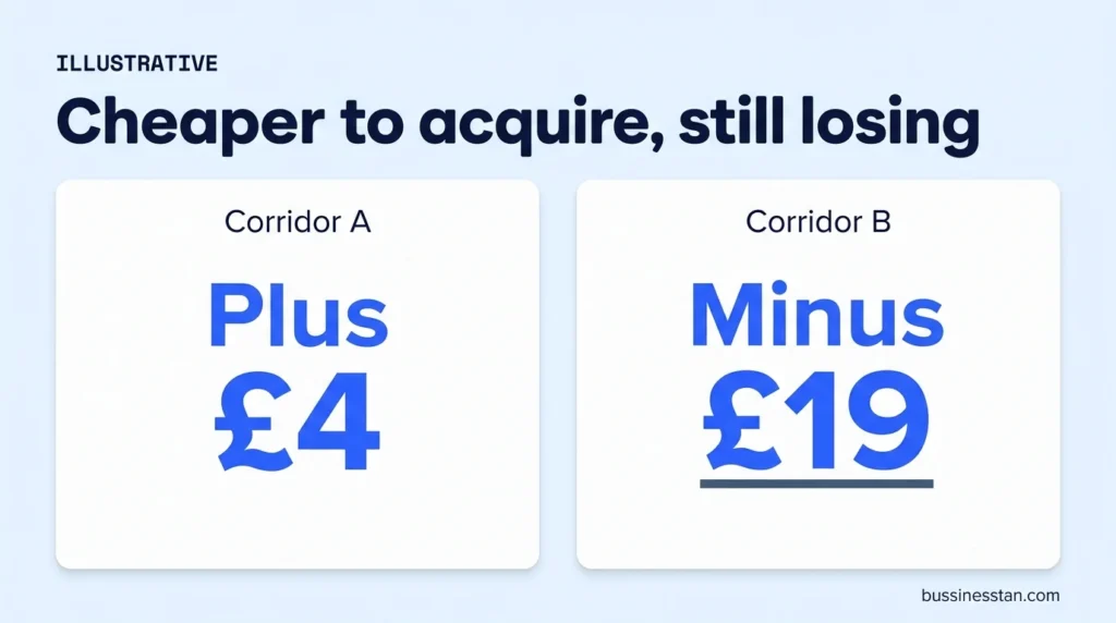Side-by-side comparison of 2 corridors showing cheaper acquisition but negative corridor margin per sender