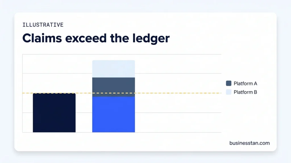 Bar chart comparing first transfers in the ledger with higher totals claimed by 3 ad platforms