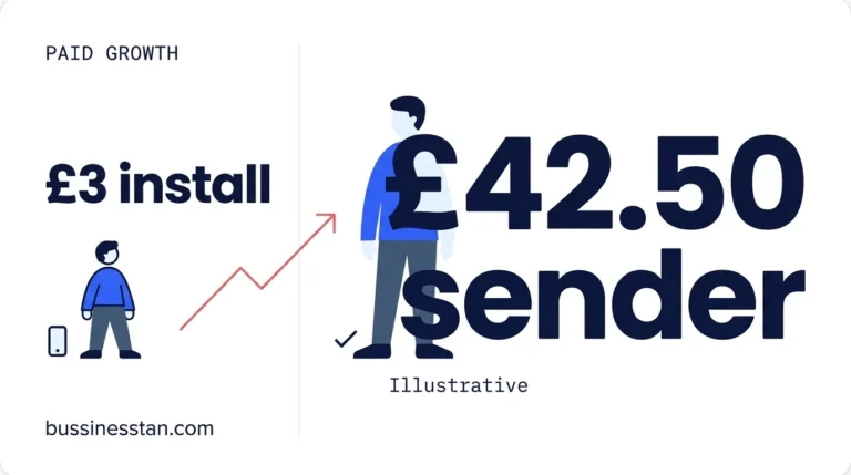 Fintech customer acquisition cost: £3 per install rising to £42.50 per funded first transfer, illustrative