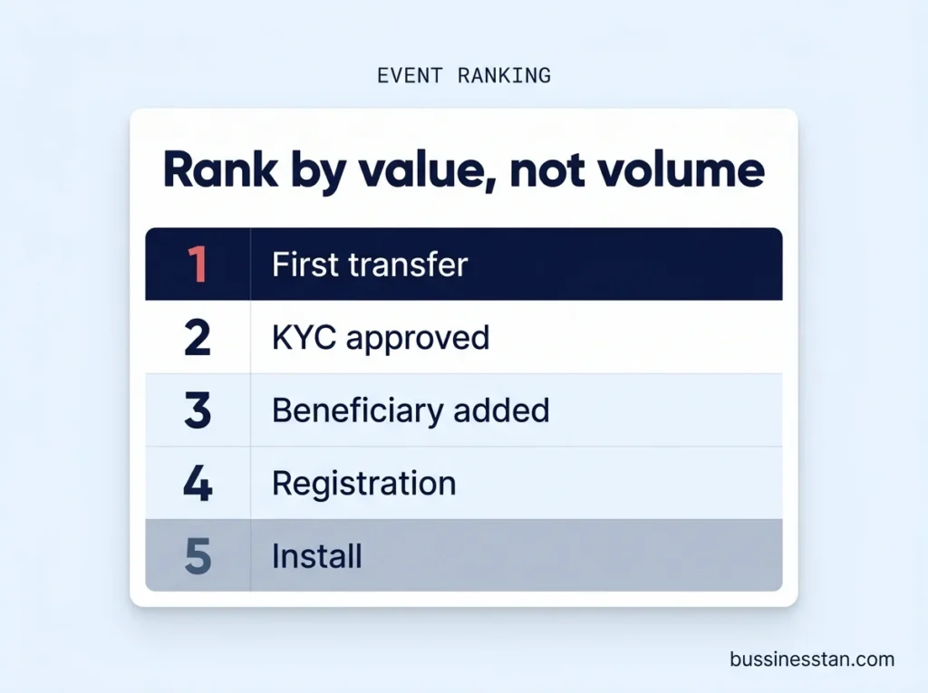 Ranked list of app events with first transfer completed at the top and install at the bottom