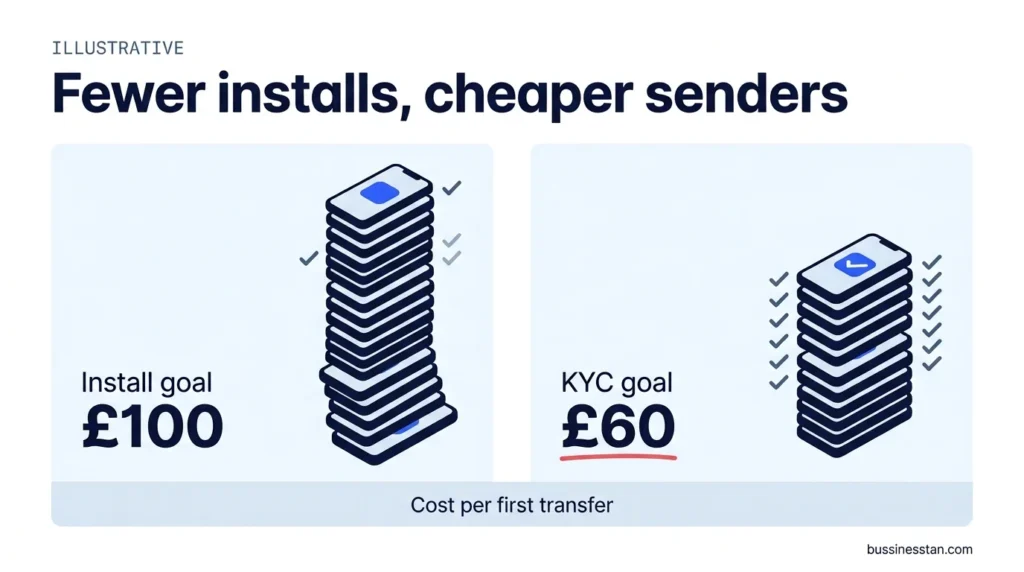 Before and after comparison of an install campaign and a KYC approved campaign showing cost per first transfer