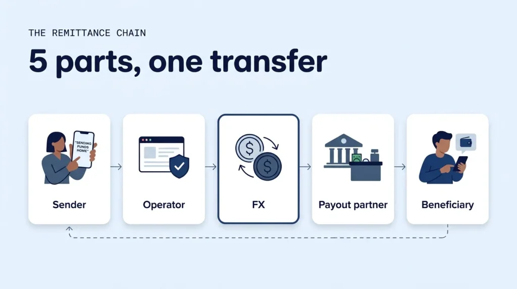 Flow diagram of a cross-border remittance from sender through operator, FX and payout partner to beneficiary