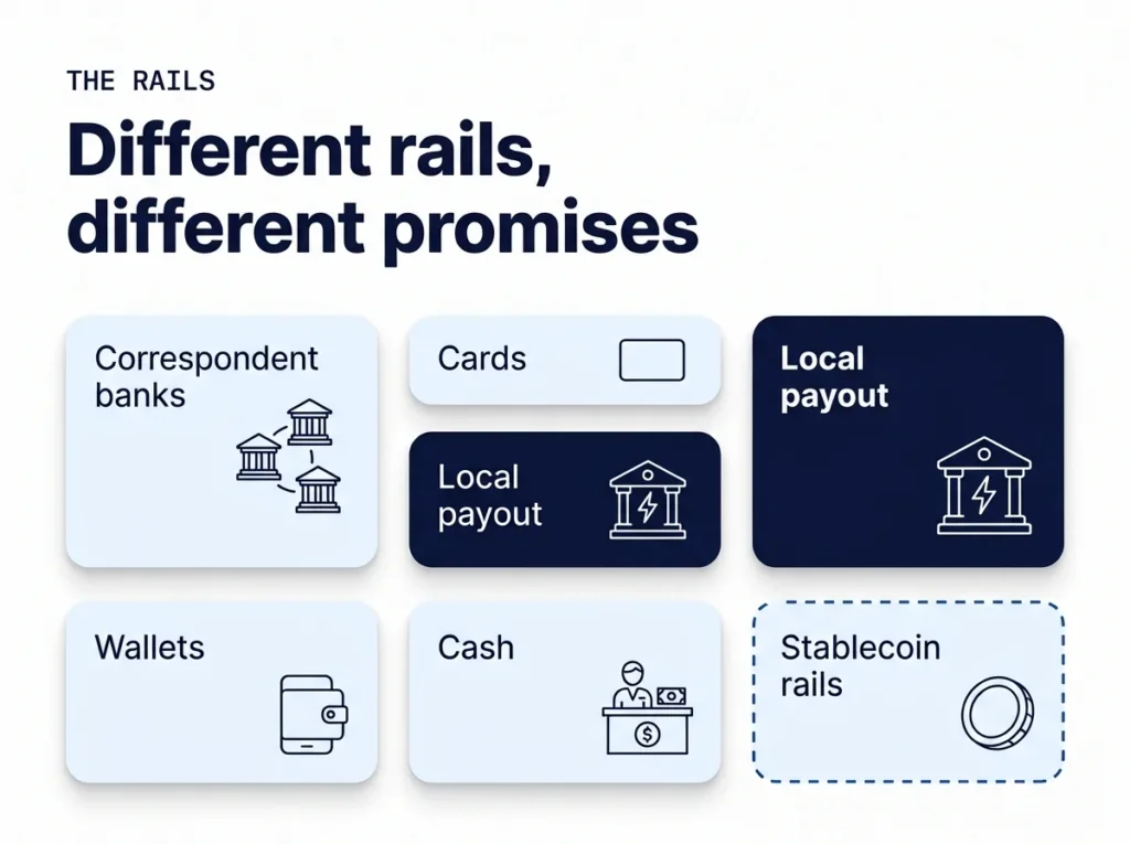 Cross border payments systems compared: correspondent banks, cards, local payout, wallets, cash and stablecoin rails