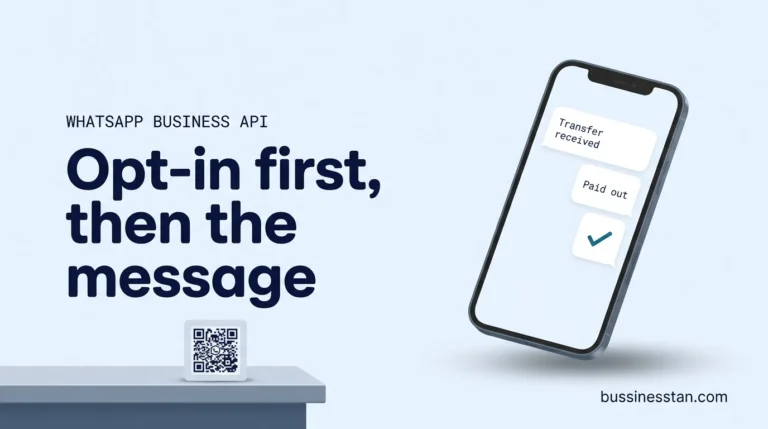 WhatsApp Business API for money transfer: an unbranded phone showing a transfer status update in a chat