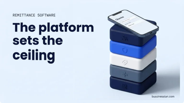 Remittance software shown as a tactile 3D stack of platform modules under a phone showing a transfer quote