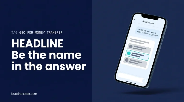 Generative engine optimization for fintech shown as an AI answer card naming money transfer providers for a corridor