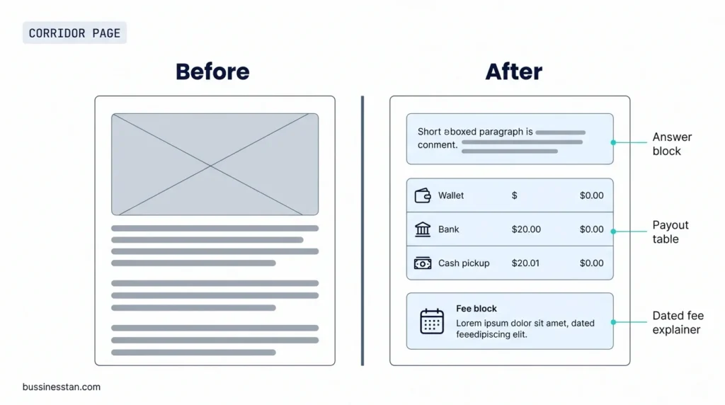Before and after corridor page layout with an answer block, payout table and dated fee explainer