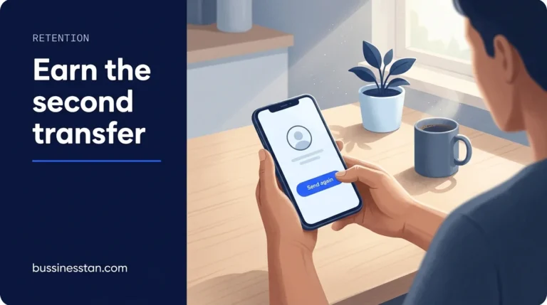 Fintech customer retention for remittance apps shown as a sender's second transfer on a repeat send screen