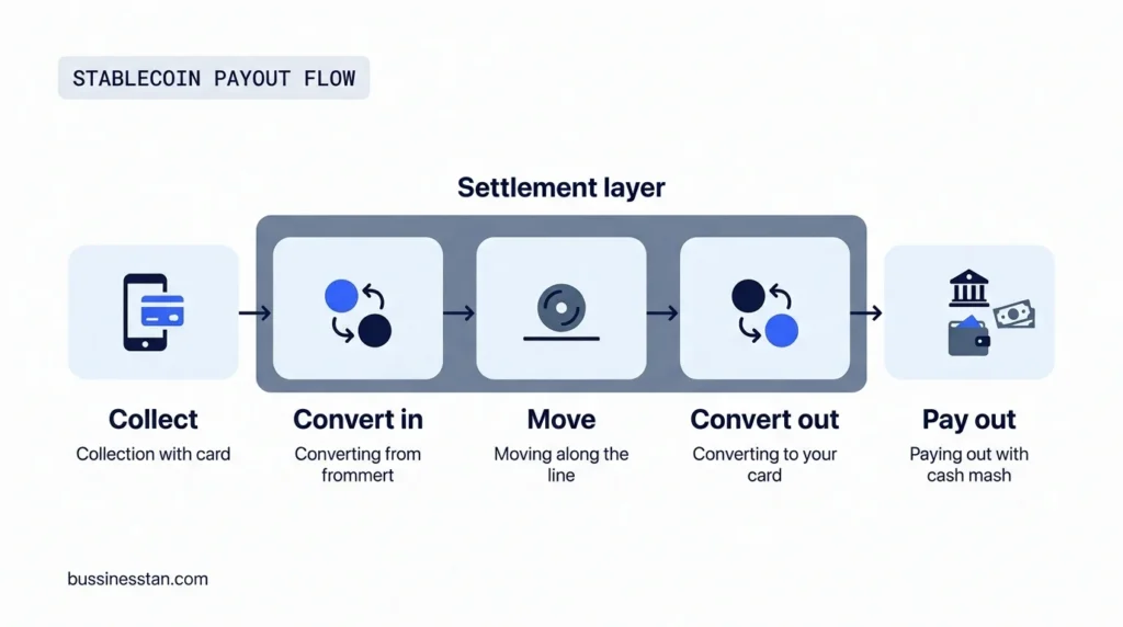 5-step stablecoin payout flow: collect, convert in, move, convert out, pay out, with the settlement layer highlighted