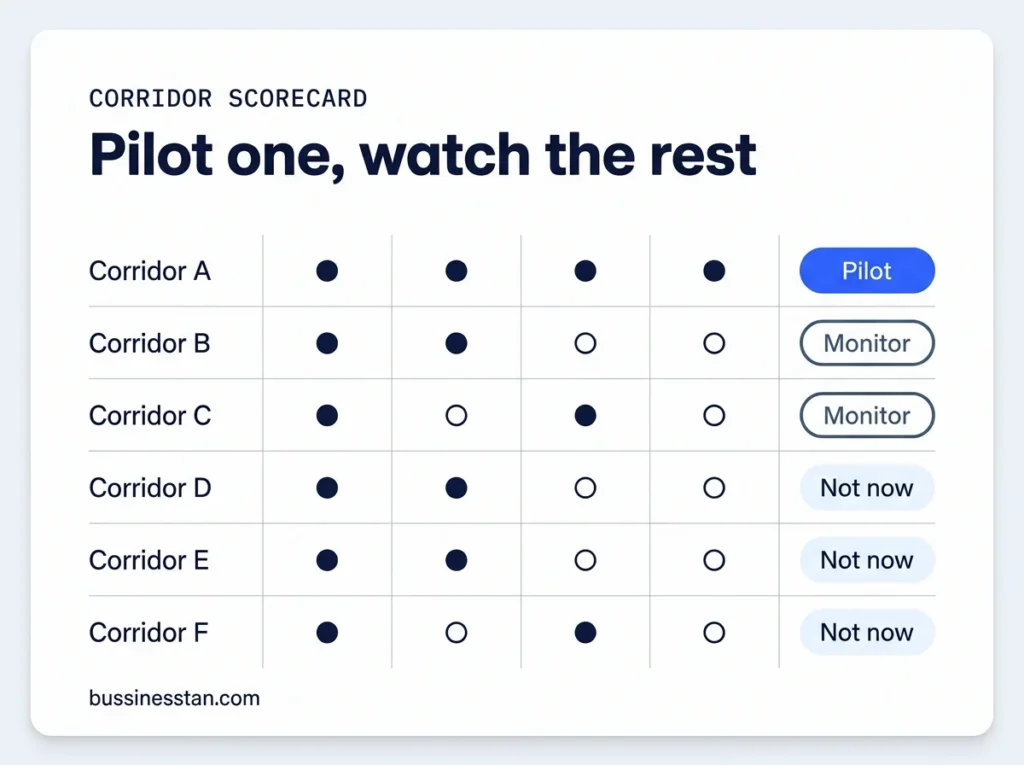 Corridor scorecard grading 6 remittance corridors on stablecoin payout readiness: pilot, monitor or not now