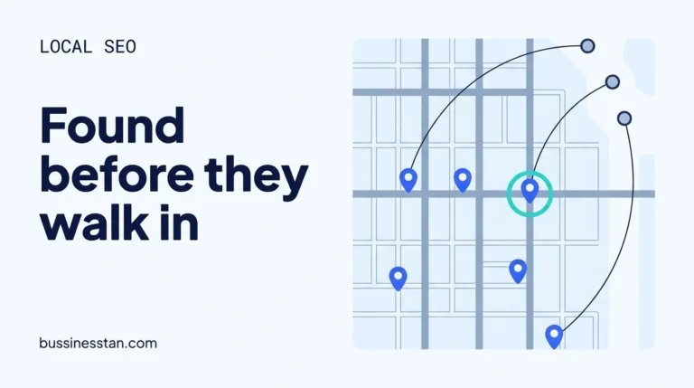 Local SEO for exchange houses shown as a street map with branch pins and corridor arcs