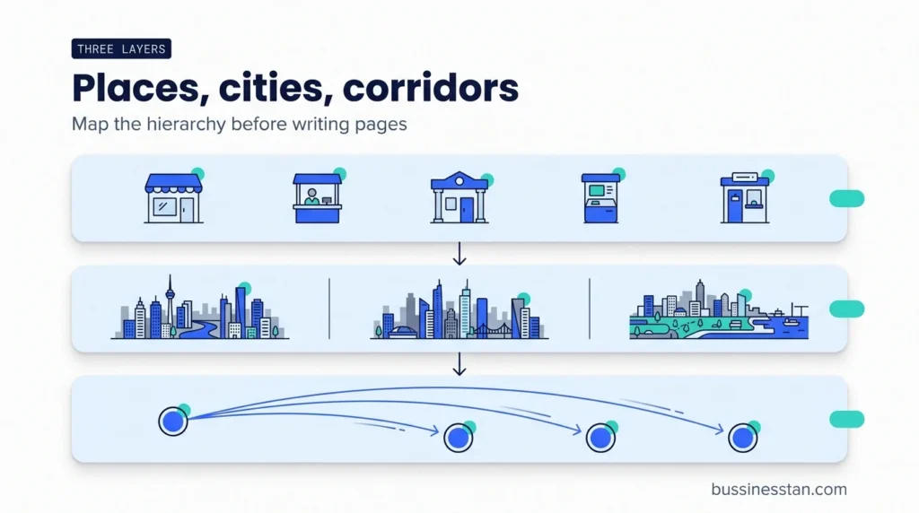 Three-layer location hierarchy for exchange houses: branches, sending cities and corridors