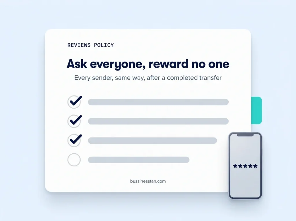 Checklist card of a compliant reviews policy for exchange house branches