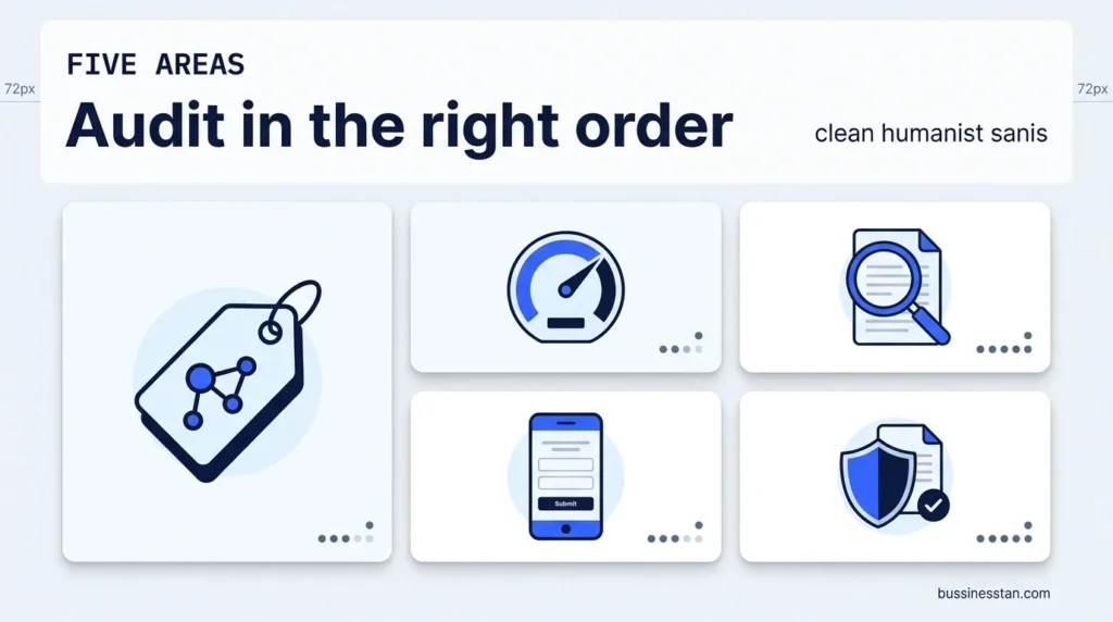 Five audit areas for a money transfer website shown as a bento grid of scored tiles