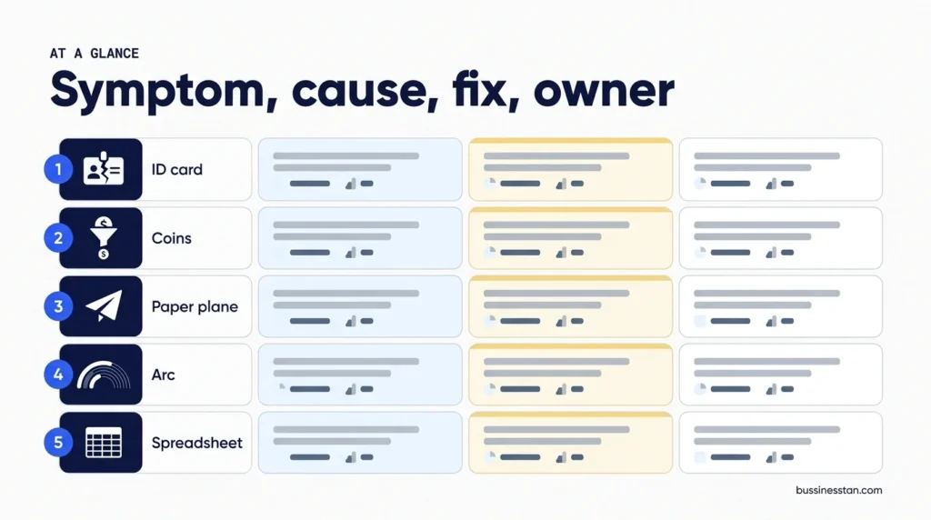Five remittance growth challenges mapped to symptom, cause, first fix and owner