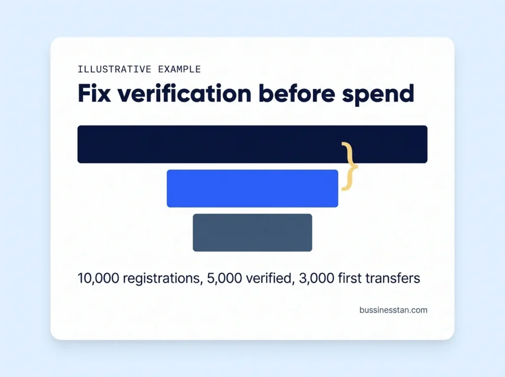 Funnel chart showing registrations, verified senders and first transfers for an illustrative operator