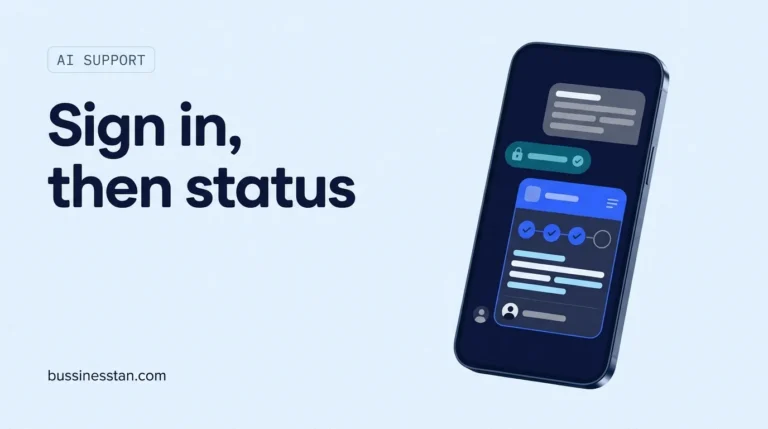 AI customer support for fintech shown as a phone chat answering a transfer status question after sign-in