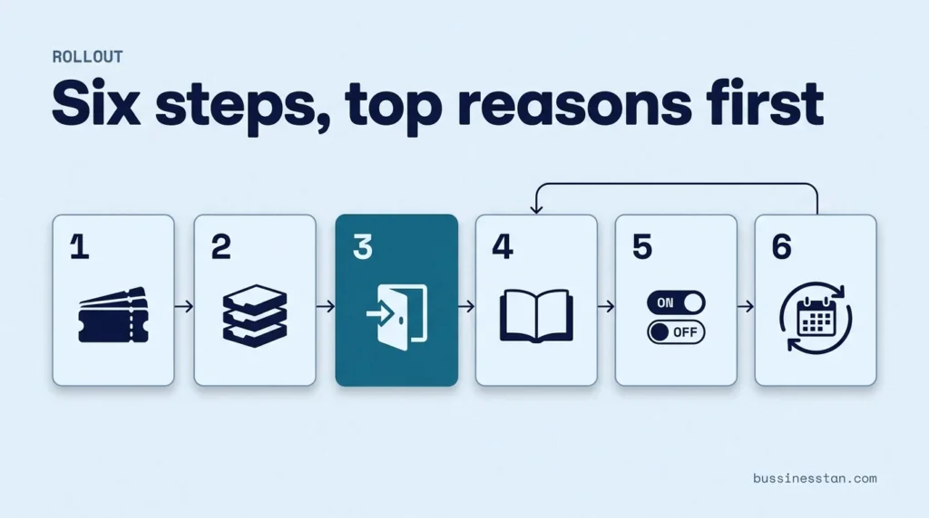Six-step rollout plan for AI support at a money transfer operator, from ticket export to monthly review