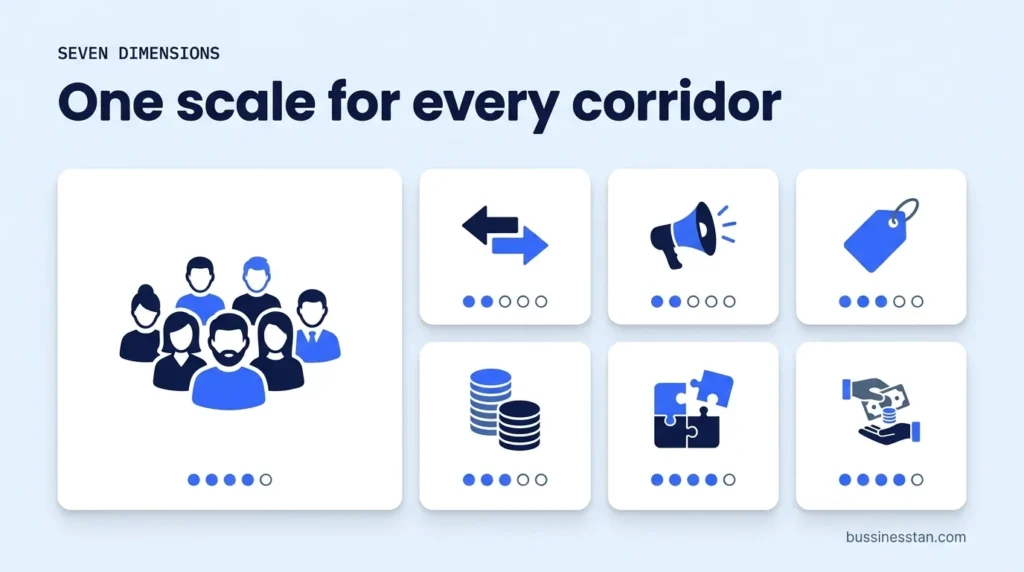 Seven-dimension corridor scorecard shown as a bento grid with weights for each dimension
