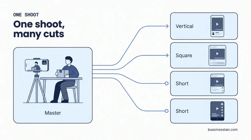 Flow diagram of one creator shoot cut into vertical, square and short ad versions