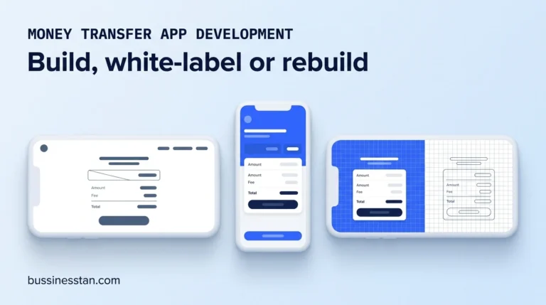 Money transfer app development: 3 phone screens comparing build, white-label and rebuild paths