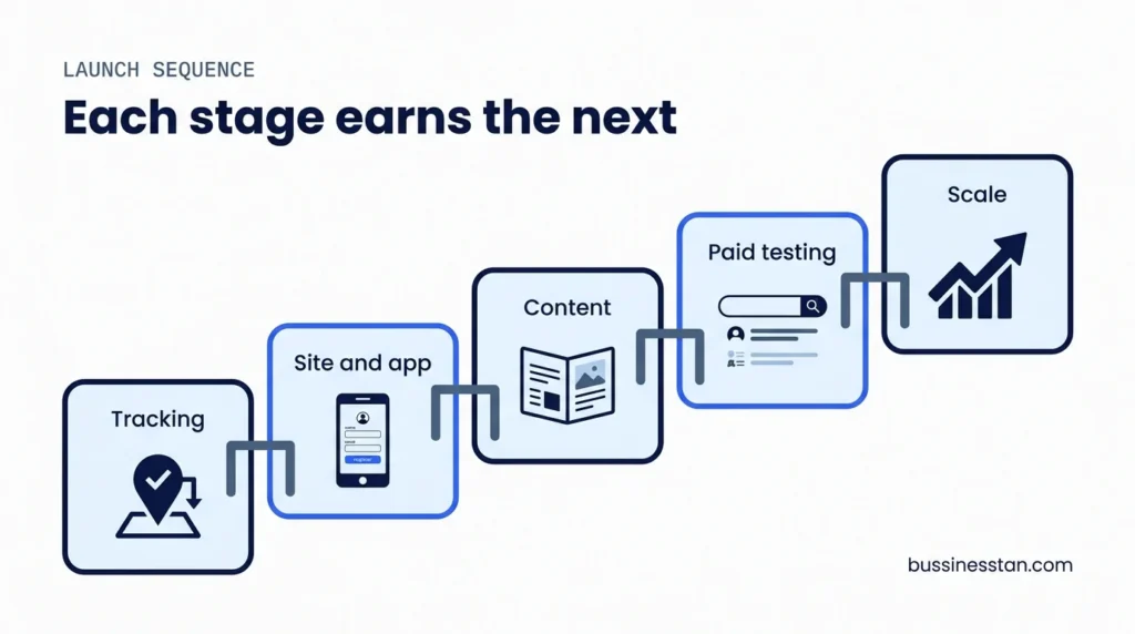 Flow diagram of the gated launch sequence for a remittance startup, from tracking to scale