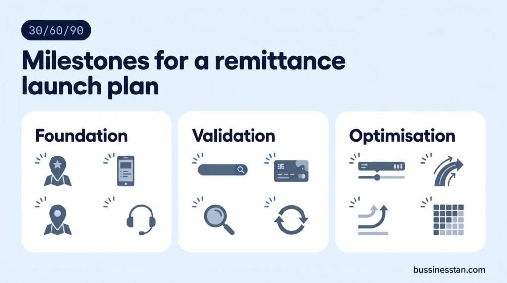 Bento grid of 30, 60 and 90 day milestones and KPIs for a remittance launch plan