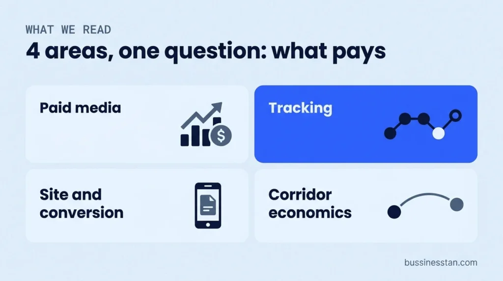 Bento grid of the 4 areas in a remittance growth audit: paid media, tracking, site and corridor economics